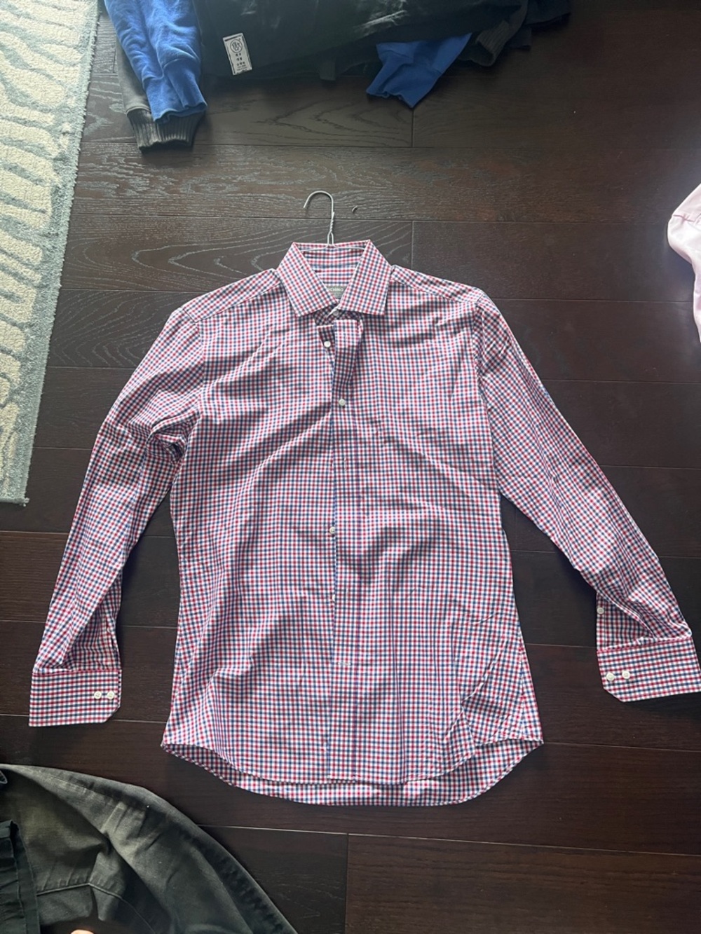 Indochino Men's Red & Blue Micro-Check Dress Shirt - Classic Point Collar Size S